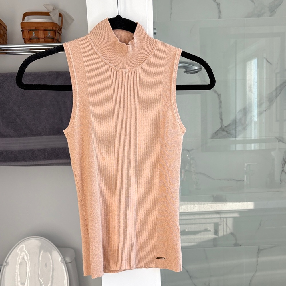 Tahari Sleeveless Ribbed Mock Neck Tank Beige